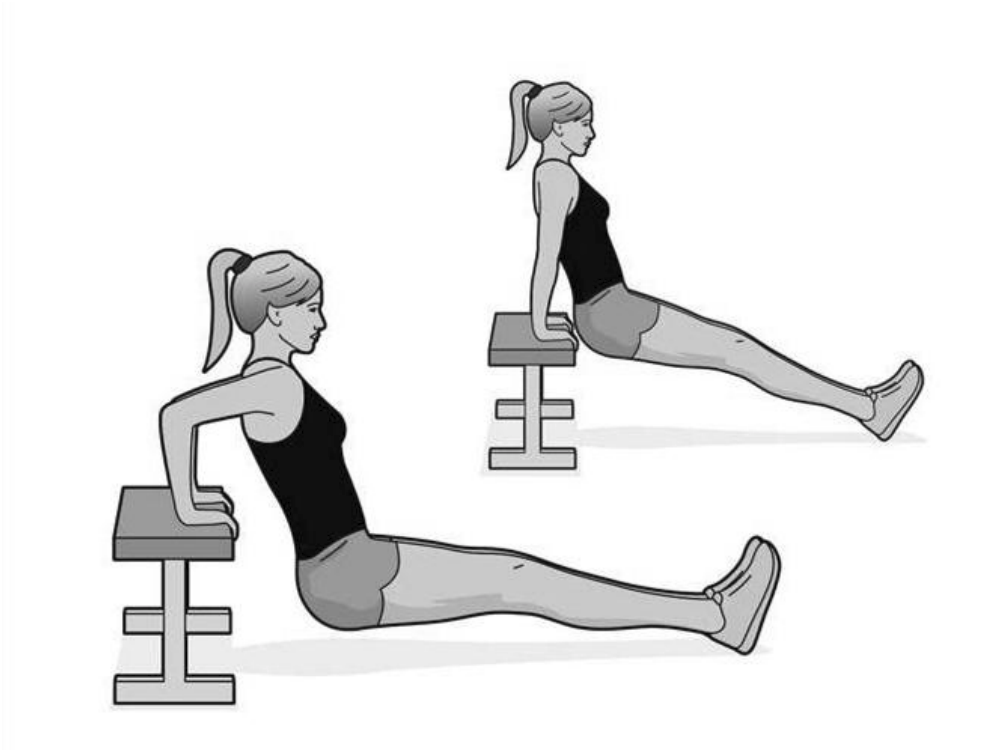 Frau führt Dips an einer Bank aus, zwei Positionen mit ausgestreckten Beinen